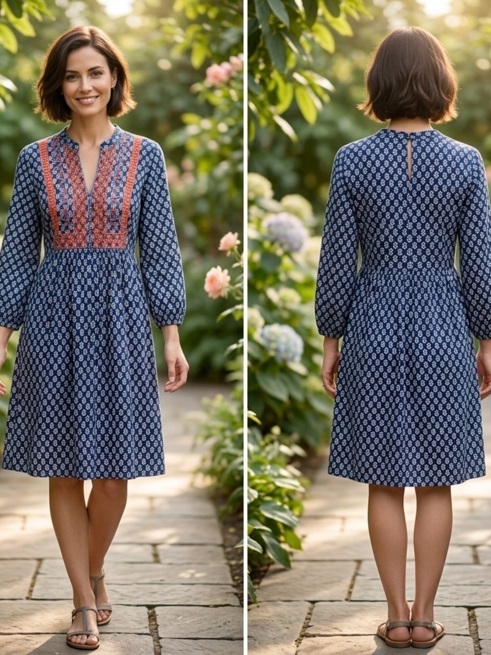 Boden Navy Printed Long-Sleeve Dress with Coral Yoke